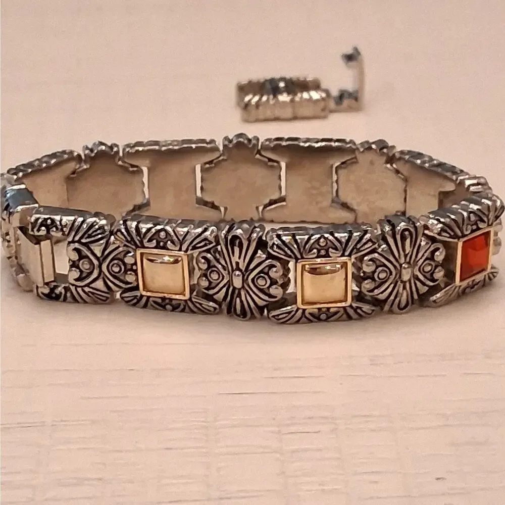 Silver Tone Vintage Style Bracelet with Red Rhinestones